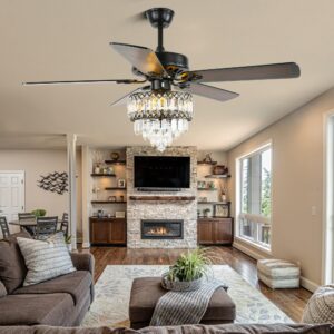 FebFurniture 52" Crystal Ceiling Fan Fandelier with Lights and Remote Control Modern Chandelier Ceiling Fan with Reversible Blades, Silent Motor, 3 Speed, 4 Timing Options, Chrome