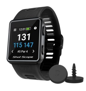 shot scope v3 gps golf watch - automatic shot tracking - f/m/b + hazard distances - strokes gained - ios and android apps - 100+ statistics, 36,000+ pre-loaded worldwide courses - no subscriptions
