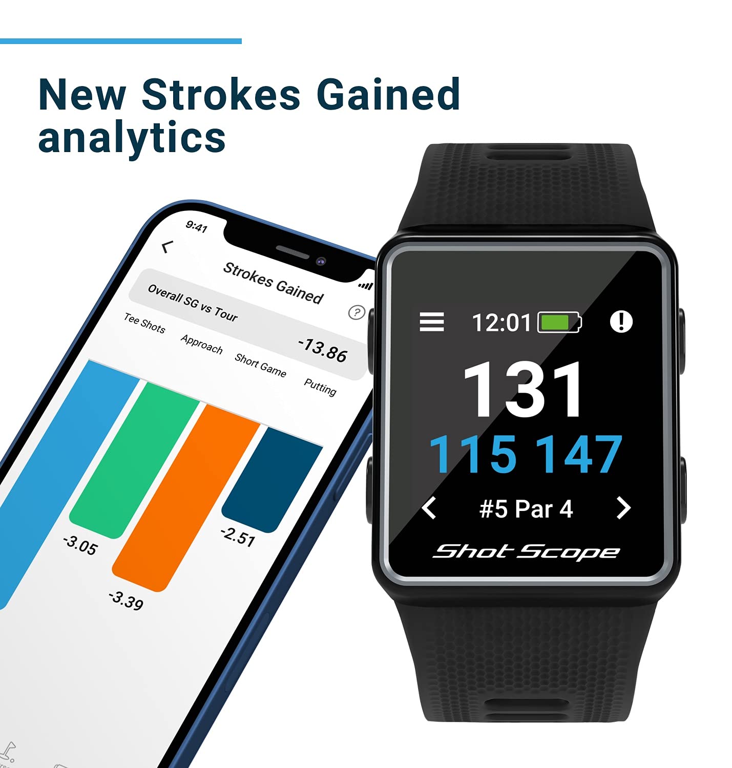 Shot Scope V3 GPS Golf Watch - Automatic Shot Tracking - F/M/B + Hazard Distances - Strokes Gained - iOS and Android Apps - 100+ Statistics, 36,000+ Pre-Loaded Worldwide Courses - No Subscriptions