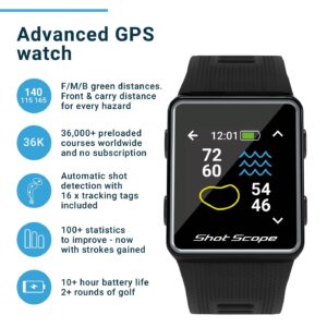 Shot Scope V3 GPS Golf Watch - Automatic Shot Tracking - F/M/B + Hazard Distances - Strokes Gained - iOS and Android Apps - 100+ Statistics, 36,000+ Pre-Loaded Worldwide Courses - No Subscriptions