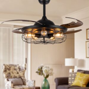 moooni 48" industrial caged ceiling fan with lights and remote, black fandelier, vintage retractable blades chandelier fan light kit for bedroom farmhouse