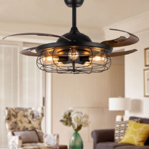 Moooni 48" Industrial Caged Ceiling Fan with Lights and Remote, Black Fandelier, Vintage Retractable Blades Chandelier Fan Light Kit for Bedroom Farmhouse