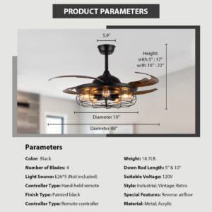 Moooni 48" Industrial Caged Ceiling Fan with Lights and Remote, Black Fandelier, Vintage Retractable Blades Chandelier Fan Light Kit for Bedroom Farmhouse