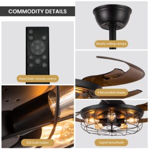 Moooni 48" Industrial Caged Ceiling Fan with Lights and Remote, Black Fandelier, Vintage Retractable Blades Chandelier Fan Light Kit for Bedroom Farmhouse