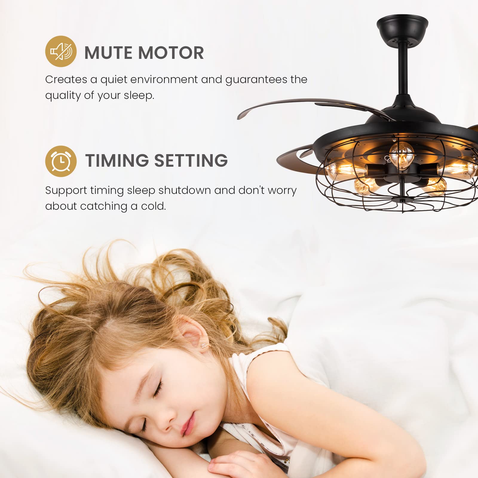 Moooni 48" Industrial Caged Ceiling Fan with Lights and Remote, Black Fandelier, Vintage Retractable Blades Chandelier Fan Light Kit for Bedroom Farmhouse