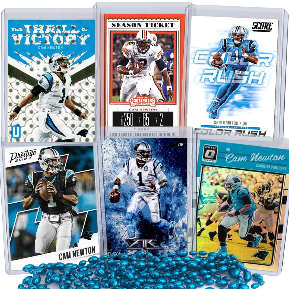 Cam Newton Football Card Bundle, Set of 6 Assorted New England Patriots Carolina Panthers Auburn Tigers Mint Football Cards Gift Set of MVP Quarterback Cam Newton, Protected by Sleeve and Toploader