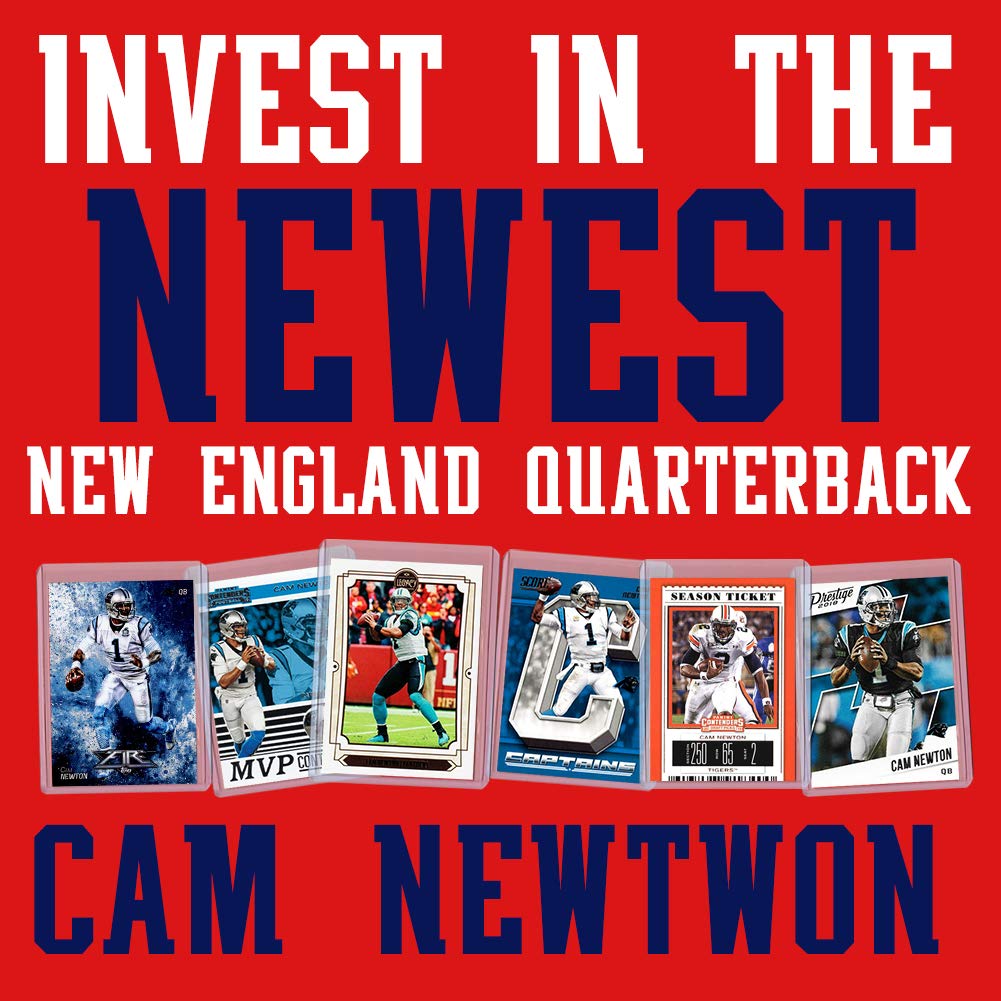 Cam Newton Football Card Bundle, Set of 6 Assorted New England Patriots Carolina Panthers Auburn Tigers Mint Football Cards Gift Set of MVP Quarterback Cam Newton, Protected by Sleeve and Toploader