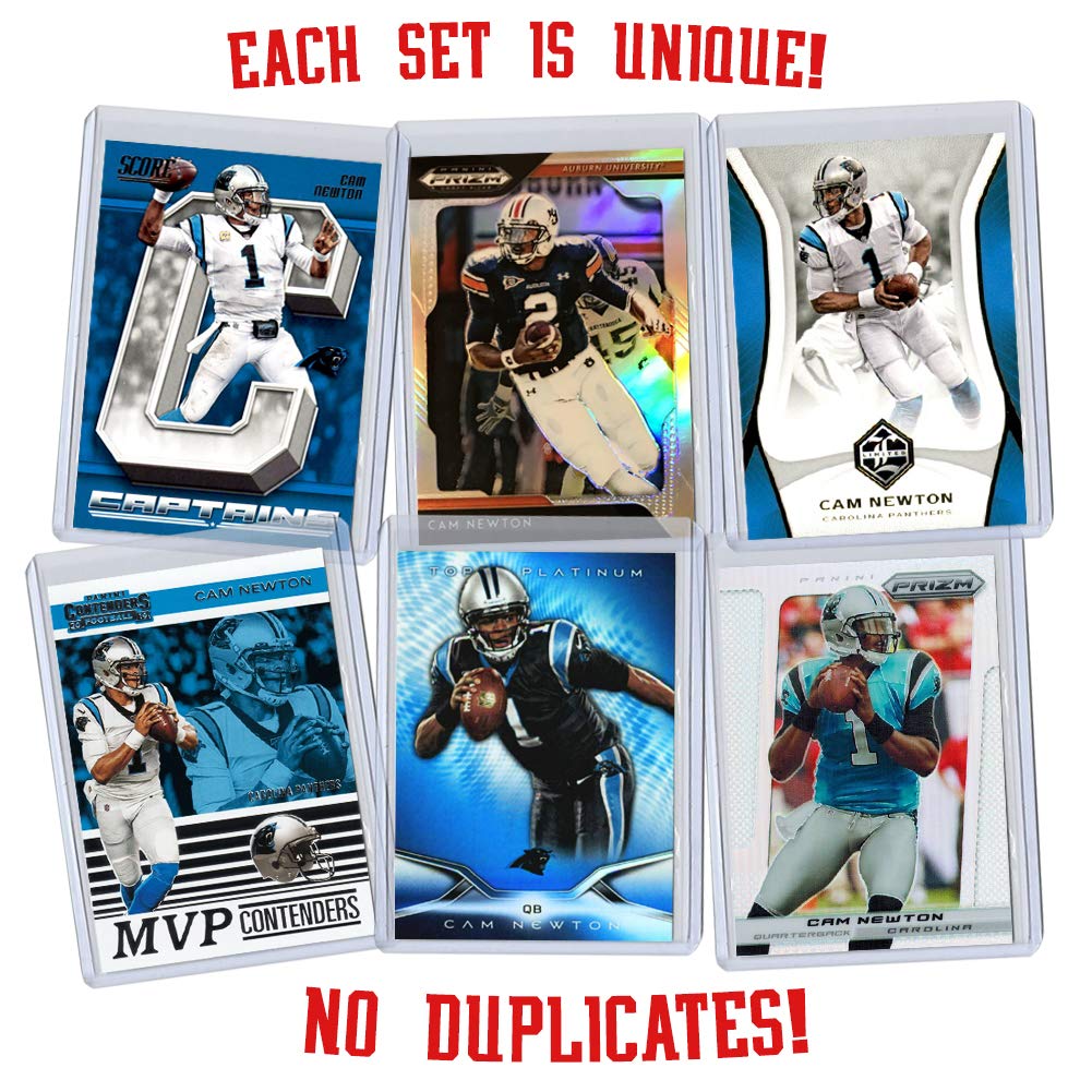 Cam Newton Football Card Bundle, Set of 6 Assorted New England Patriots Carolina Panthers Auburn Tigers Mint Football Cards Gift Set of MVP Quarterback Cam Newton, Protected by Sleeve and Toploader