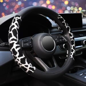 zhol cow print steering wheel cover, universal 15 inch breathable microfiber leather anti-slip car steering wheel protector for women men, black&white