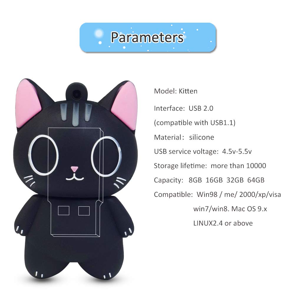 LEIZHAN Cute USB Flash Drive 32GB Cartoon Cat Pendrive Memory Thumb Stick USB2.0 Animal Jump Drive Character Data Storage Gift USB Disk Pendrive with Key Chain