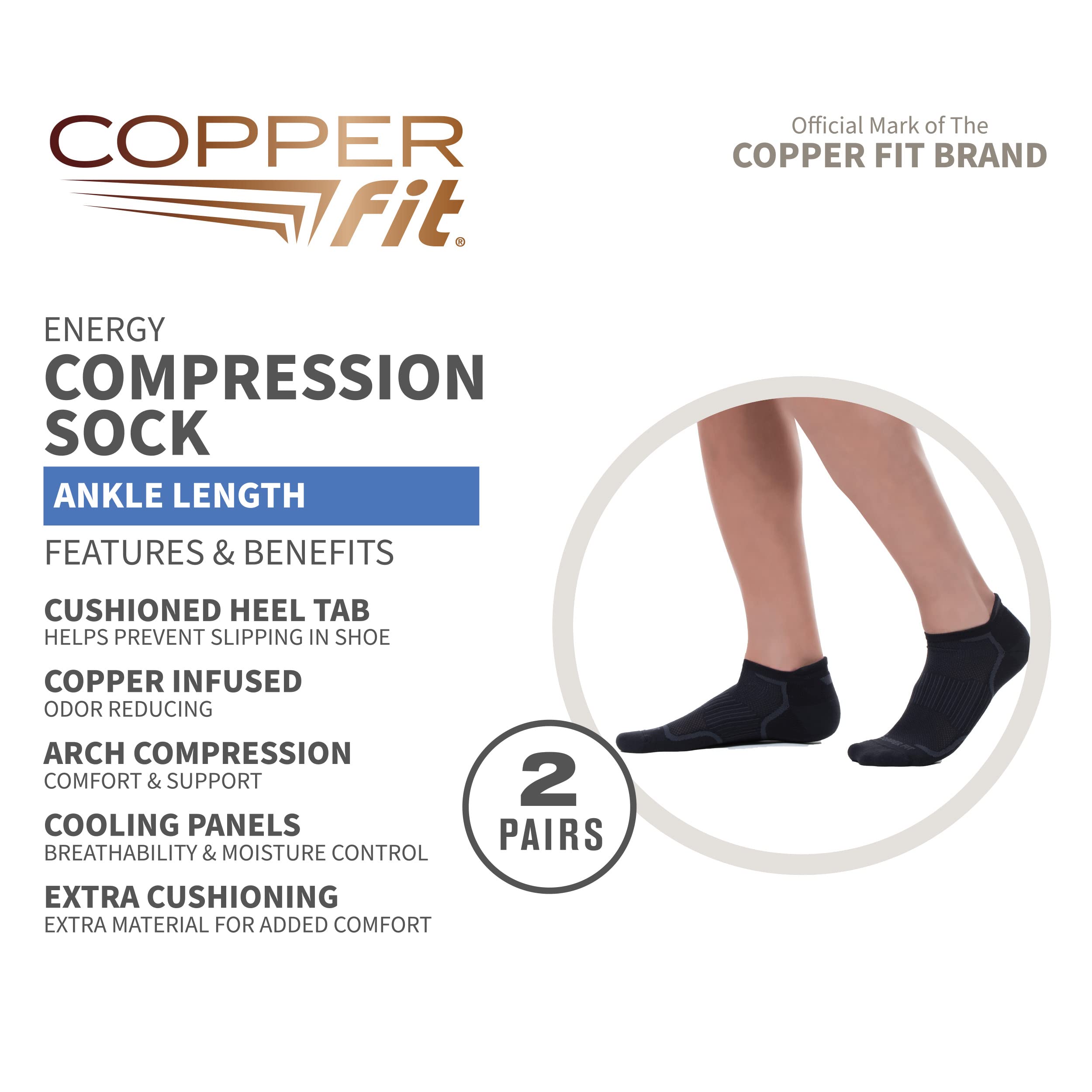 Copper Fit unisex adult Ankle Length Compression Socks, Black, Small-Medium US