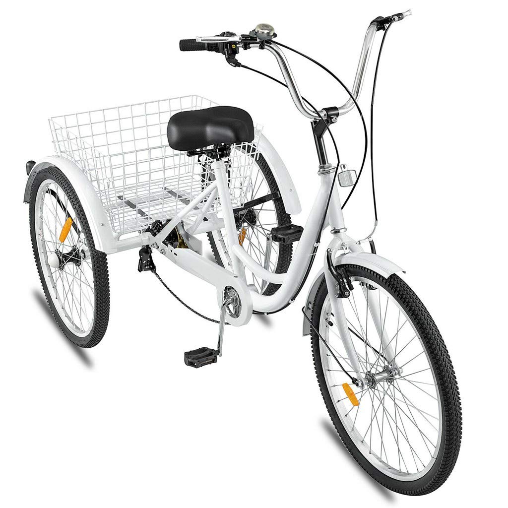 24-inch Adult Tricycle 1/7 Speed 3-Wheel Pedal Bicycle with Shopping Basket Suitable for Men and Women