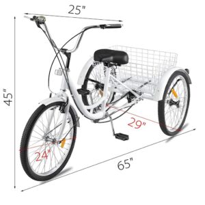 24-inch Adult Tricycle 1/7 Speed 3-Wheel Pedal Bicycle with Shopping Basket Suitable for Men and Women