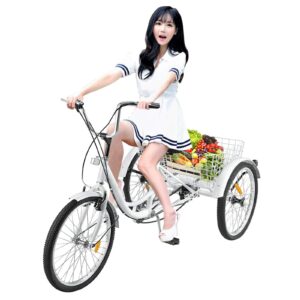 24-inch Adult Tricycle 1/7 Speed 3-Wheel Pedal Bicycle with Shopping Basket Suitable for Men and Women