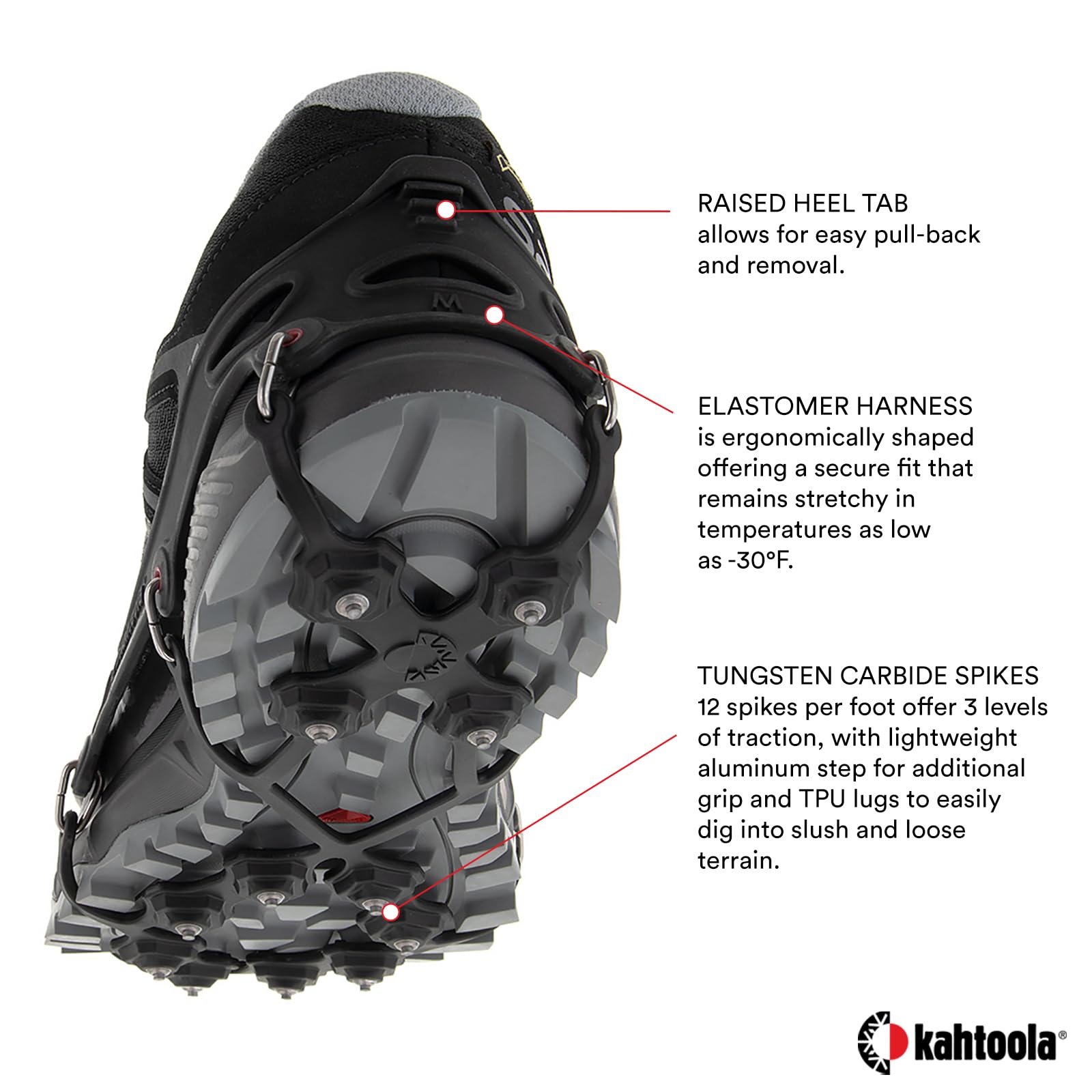 Kahtoola EXOspikes Footwear Traction for Winter Hiking & Running in Snow, Ice & Rocky Terrain - Black - Medium