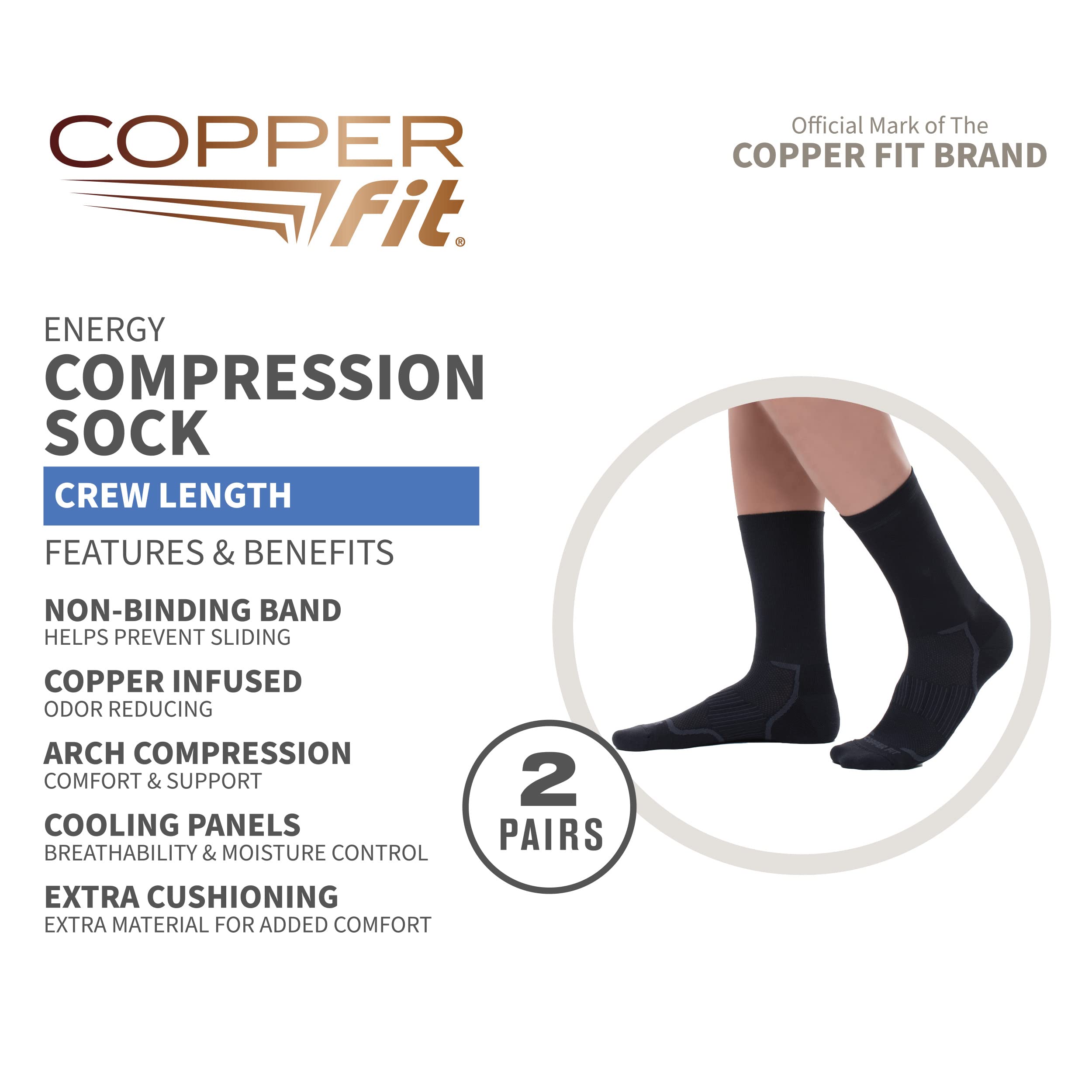 Copper Fit womens Copper Fit Energy Copper Infused Crew Socks, Black, Small-Medium US