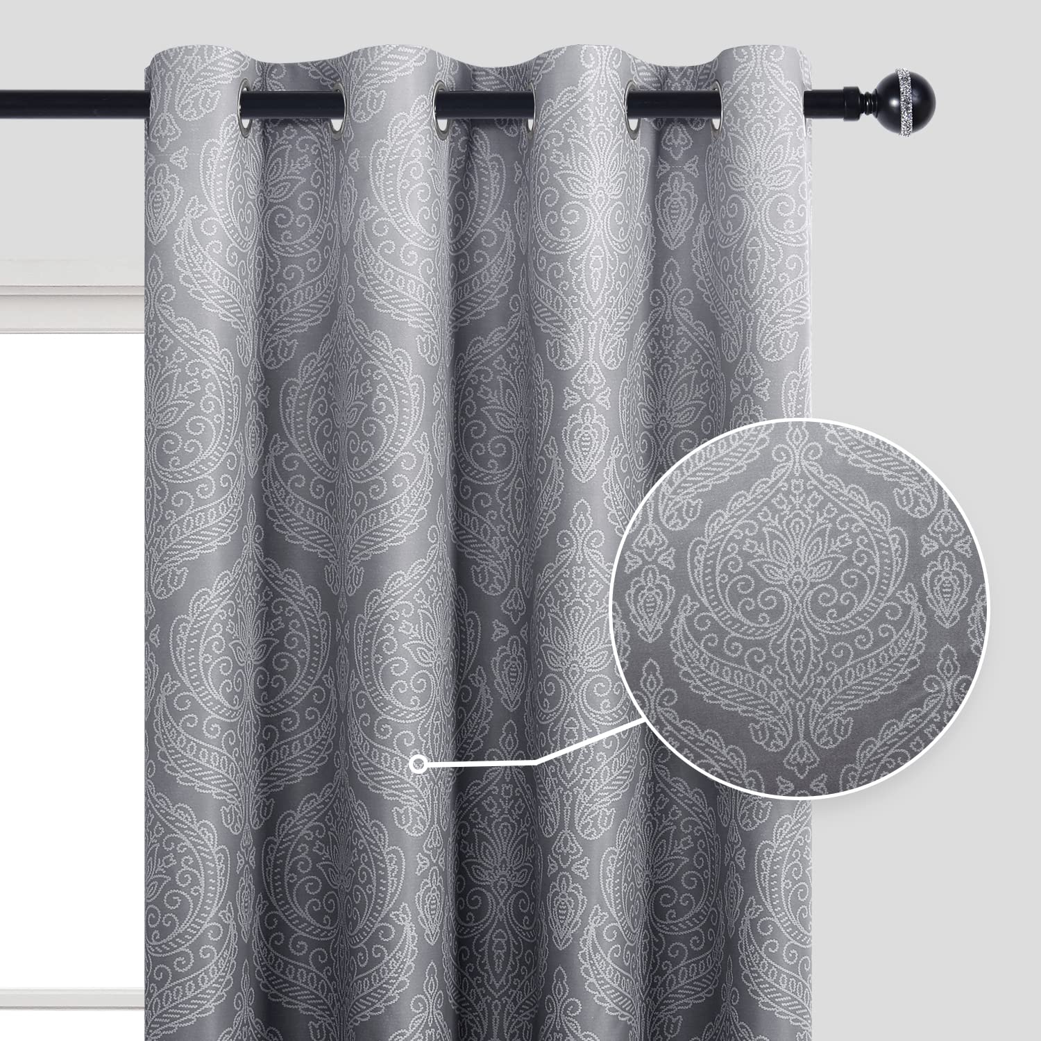 DWCN Ombre Blackout Curtains for Bedroom - Damask Patterned Thermal Insulated Energy Saving Grommet Curtains for Living Room, Set of 2 Panels, 52 x 84 Inch Length, Grey