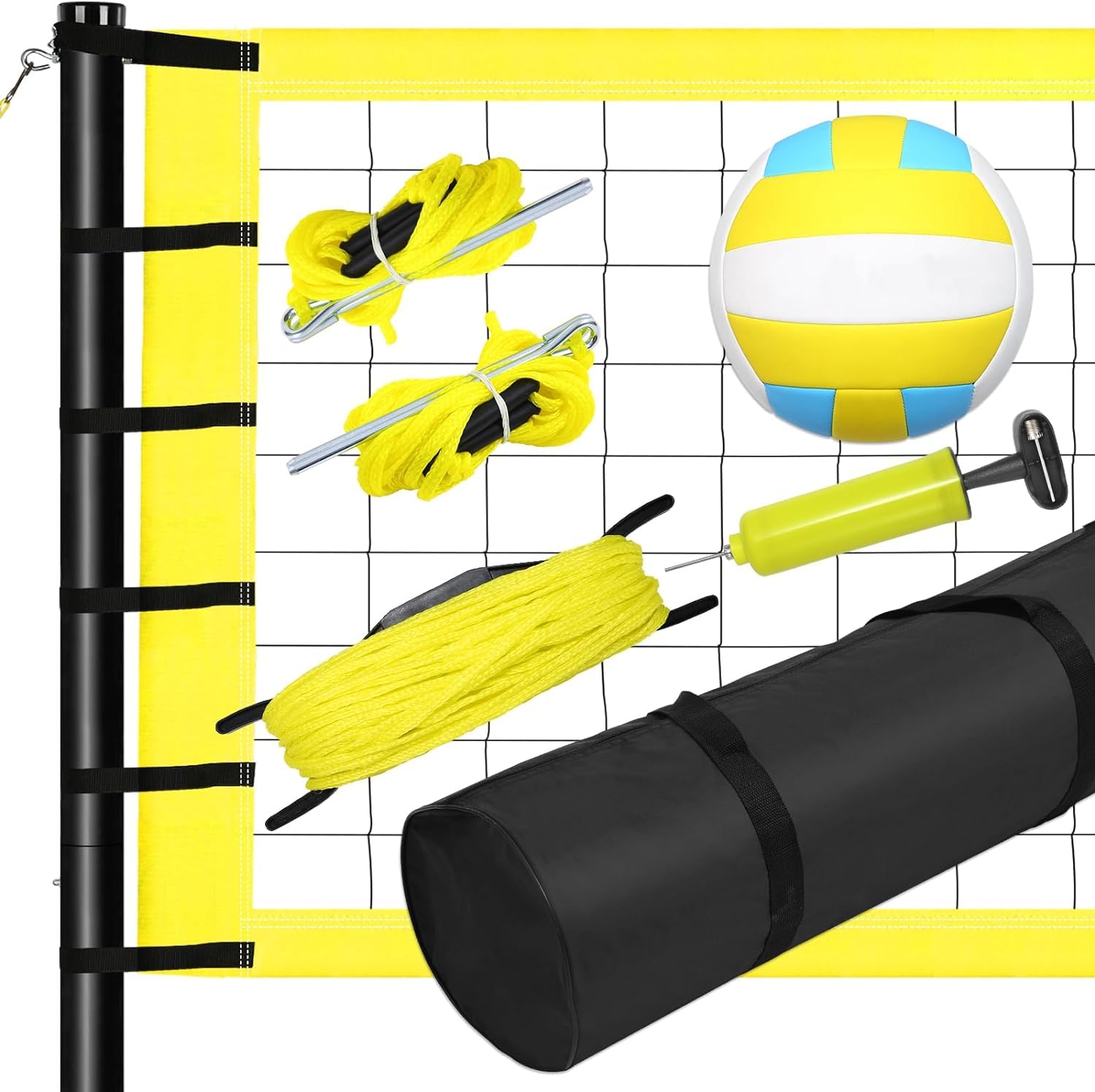 Patiassy Outdoor Portable Volleyball Net Set System - Quick & Easy Setup Adjustable Height Steel Poles, PU Volleyball with Pump and Carrying Bag for Beach Backyard (Yellow)