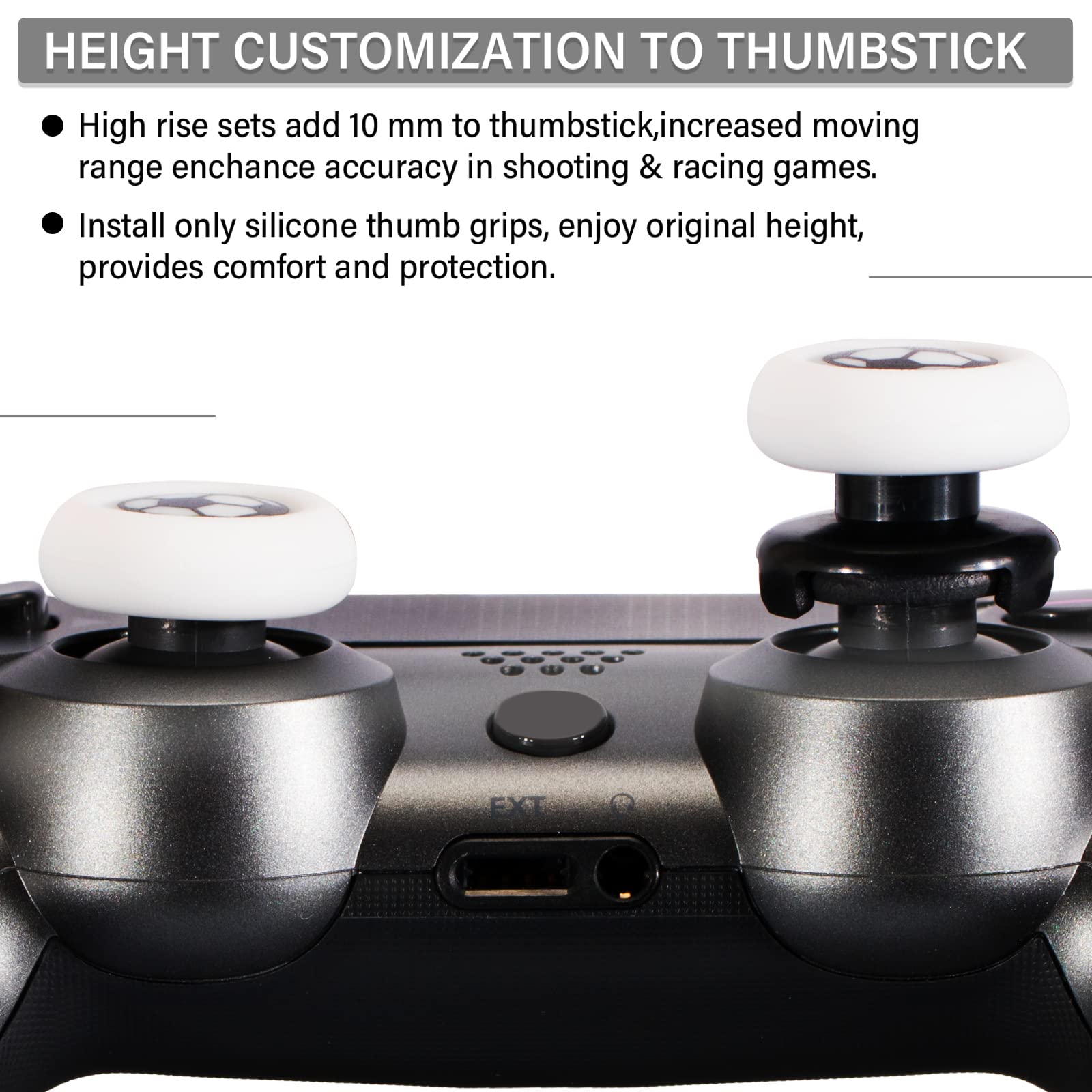 Playrealm FPS Thumbstick Extender & Printing Rubber Silicone Grip Cover 2 Sets for PS5 Dualsenese & PS4 Controller (Soccer)