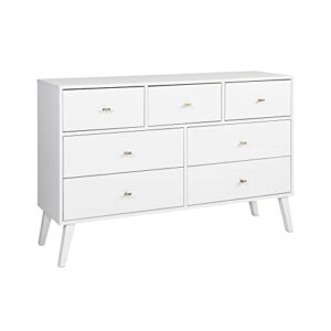 prepac milo mid-century modern 7 drawer double dresser for bedroom, wide chest of drawers, contemporary bedroom furniture, 16" d x 52.5" w x 33.75" h, white, wdbr-1407-1