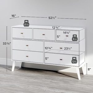 Prepac Milo Mid-Century Modern 7 Drawer Double Dresser for Bedroom, Wide Chest of Drawers, Contemporary Bedroom Furniture, 16" D x 52.5" W x 33.75" H, White, WDBR-1407-1