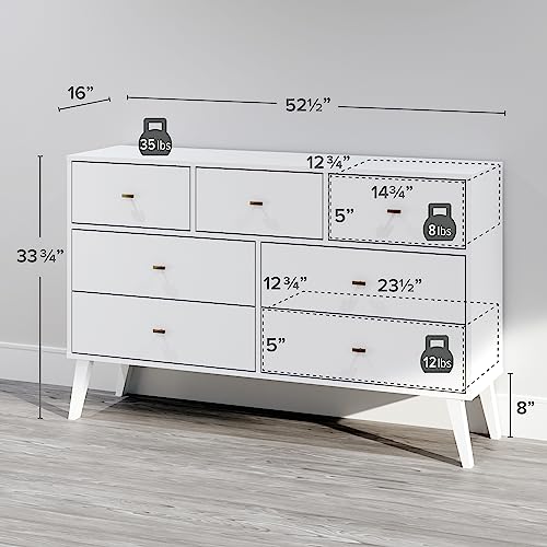 Prepac Milo Mid-Century Modern 7 Drawer Double Dresser for Bedroom, Wide Chest of Drawers, Contemporary Bedroom Furniture, 16" D x 52.5" W x 33.75" H, White, WDBR-1407-1