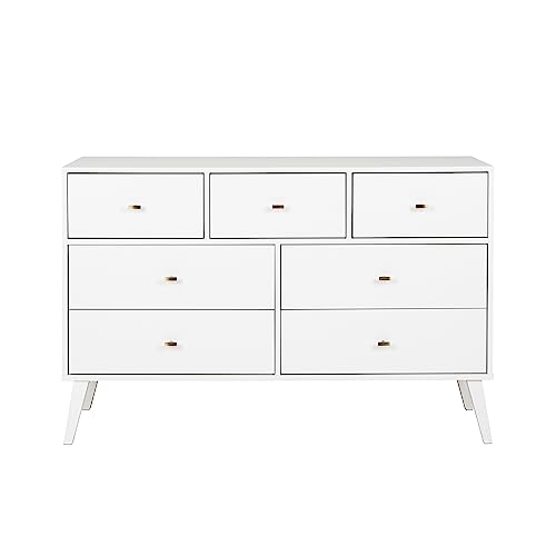 Prepac Milo Mid-Century Modern 7 Drawer Double Dresser for Bedroom, Wide Chest of Drawers, Contemporary Bedroom Furniture, 16" D x 52.5" W x 33.75" H, White, WDBR-1407-1