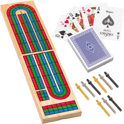 Regal Games Cribbage Board Game Set w/Storage - Fun Table Game with Wooden Board for Adults & Kids - 9 Metal Pegs, Deck of Playing Cards & 2-4 Player Games - Ideal for Game Night, Travel (Ages 8+)