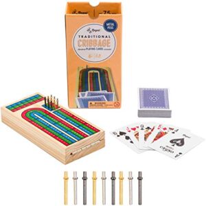 Regal Games Cribbage Board Game Set w/Storage - Fun Table Game with Wooden Board for Adults & Kids - 9 Metal Pegs, Deck of Playing Cards & 2-4 Player Games - Ideal for Game Night, Travel (Ages 8+)