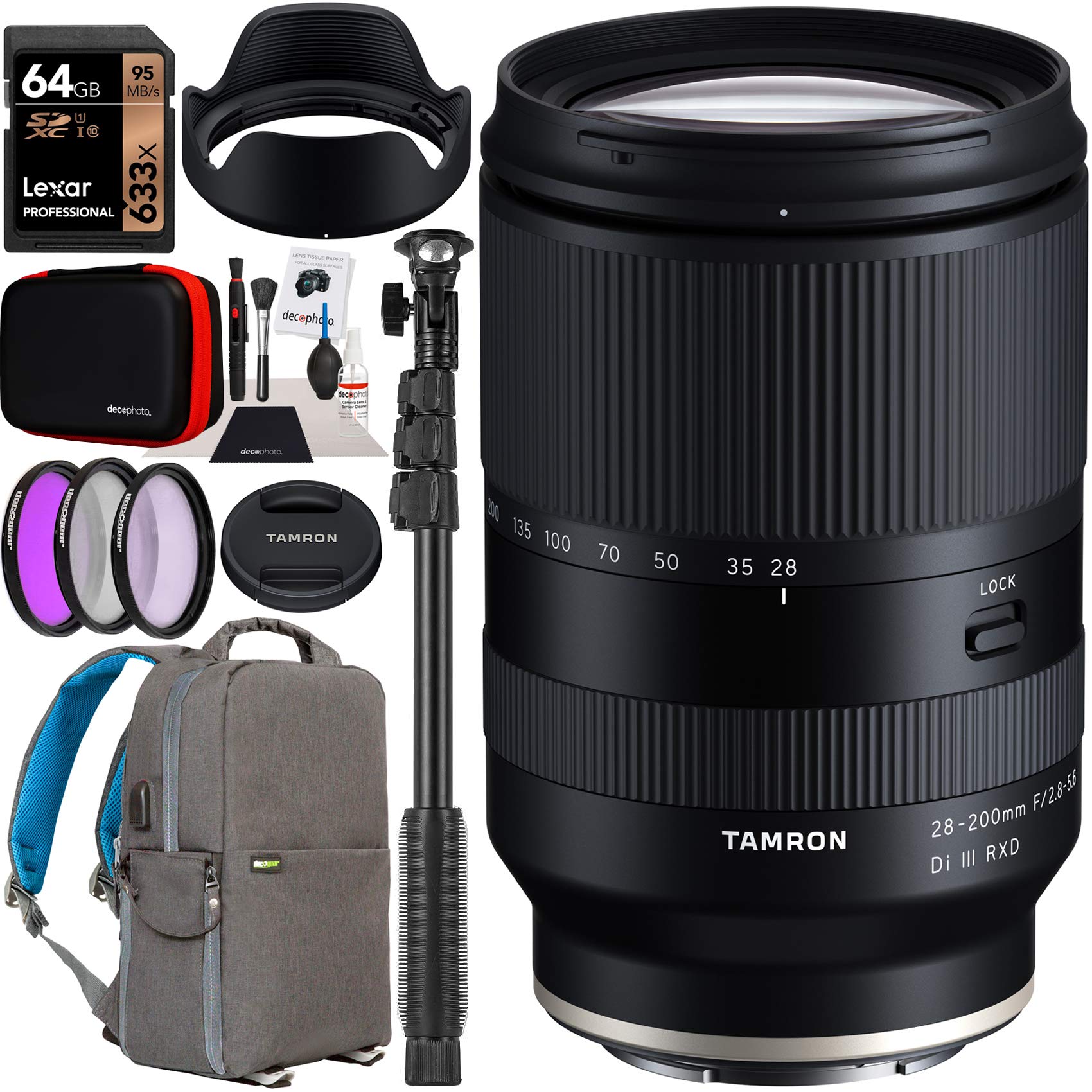 Tamron 28-200mm F/2.8-5.6 Di III RXD Lens Model A071 for Sony E-Mount Full Frame Mirrorless Cameras Bundle with Deco Gear Photography Backpack Case + Filter Kit + 64GB Card + Monopod + Accessories