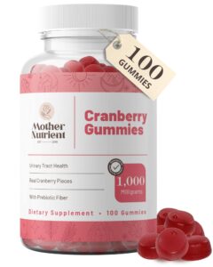mother nutrient - cranberry gummies for women & kids, kids cranberry gummies - less tart & 90% less sweet, gluten-free, non-gmo, vegan - 1,000mg pure cranberry extract - 100 count, 50-day supply