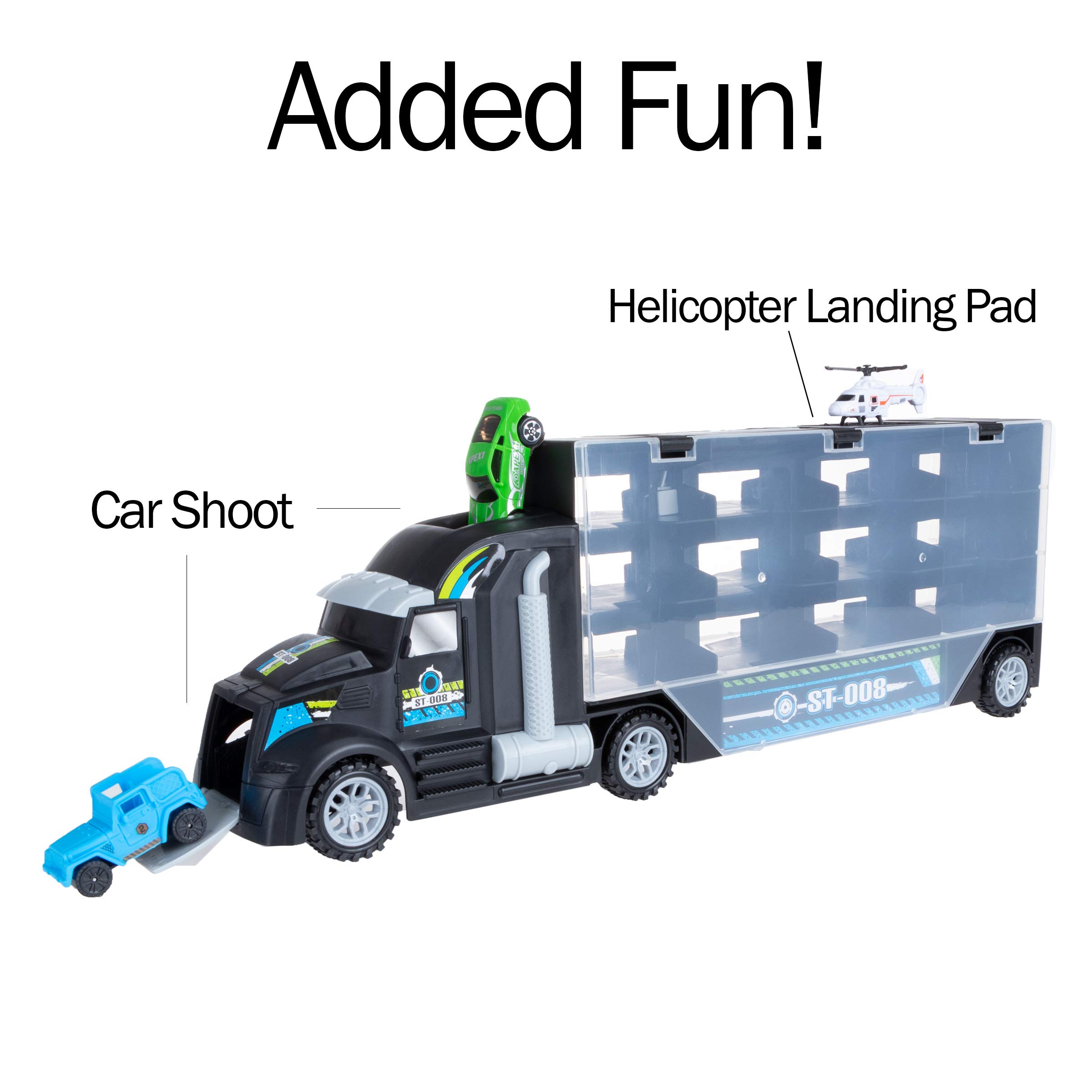 Hey! Play! Car Carrier Semi Truck Toy - 2-Sided Cargo Trailer Holds 24 Vehicles- Includes 10 Cars and 2 Helicopters –Storage Case with Carry Handle