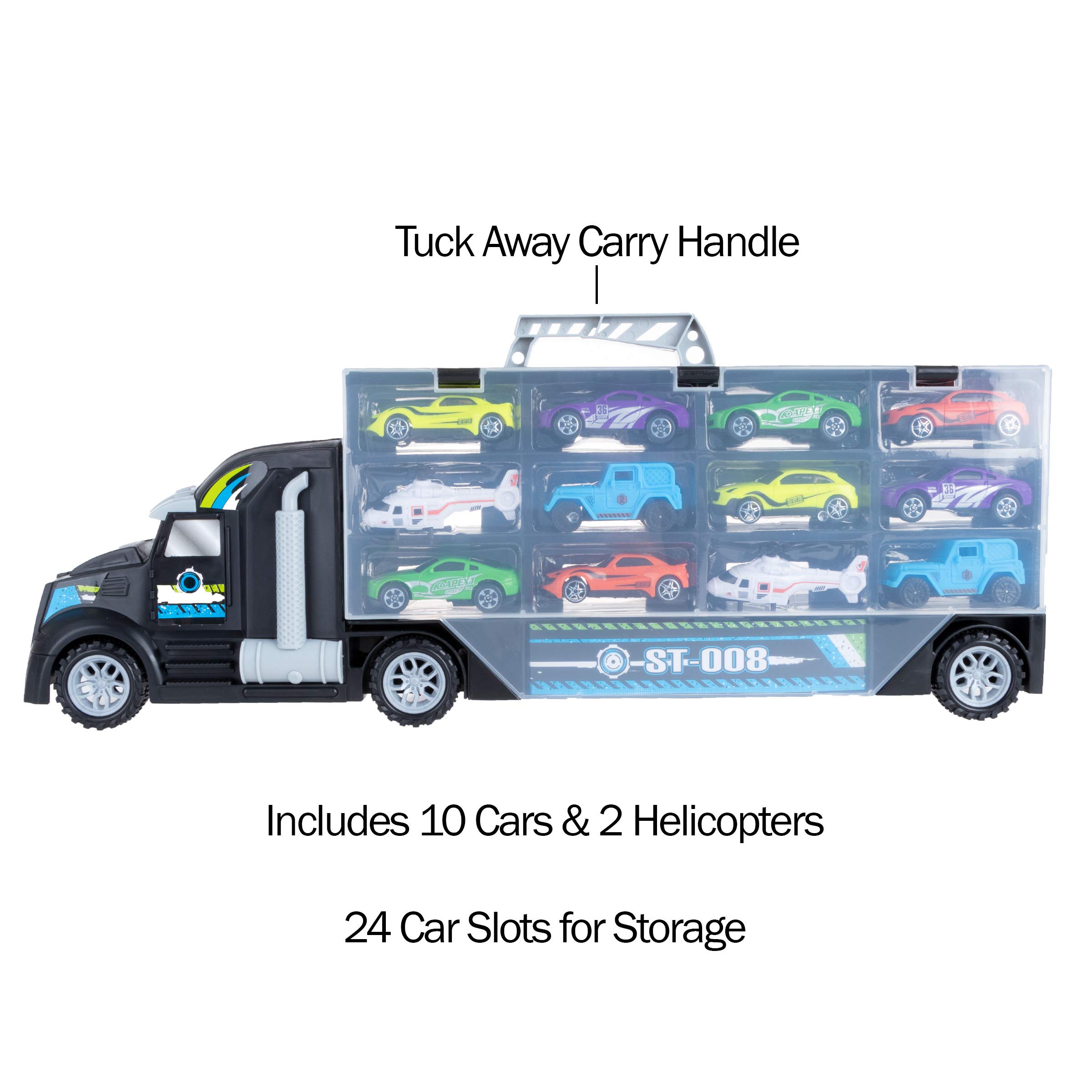 Hey! Play! Car Carrier Semi Truck Toy - 2-Sided Cargo Trailer Holds 24 Vehicles- Includes 10 Cars and 2 Helicopters –Storage Case with Carry Handle