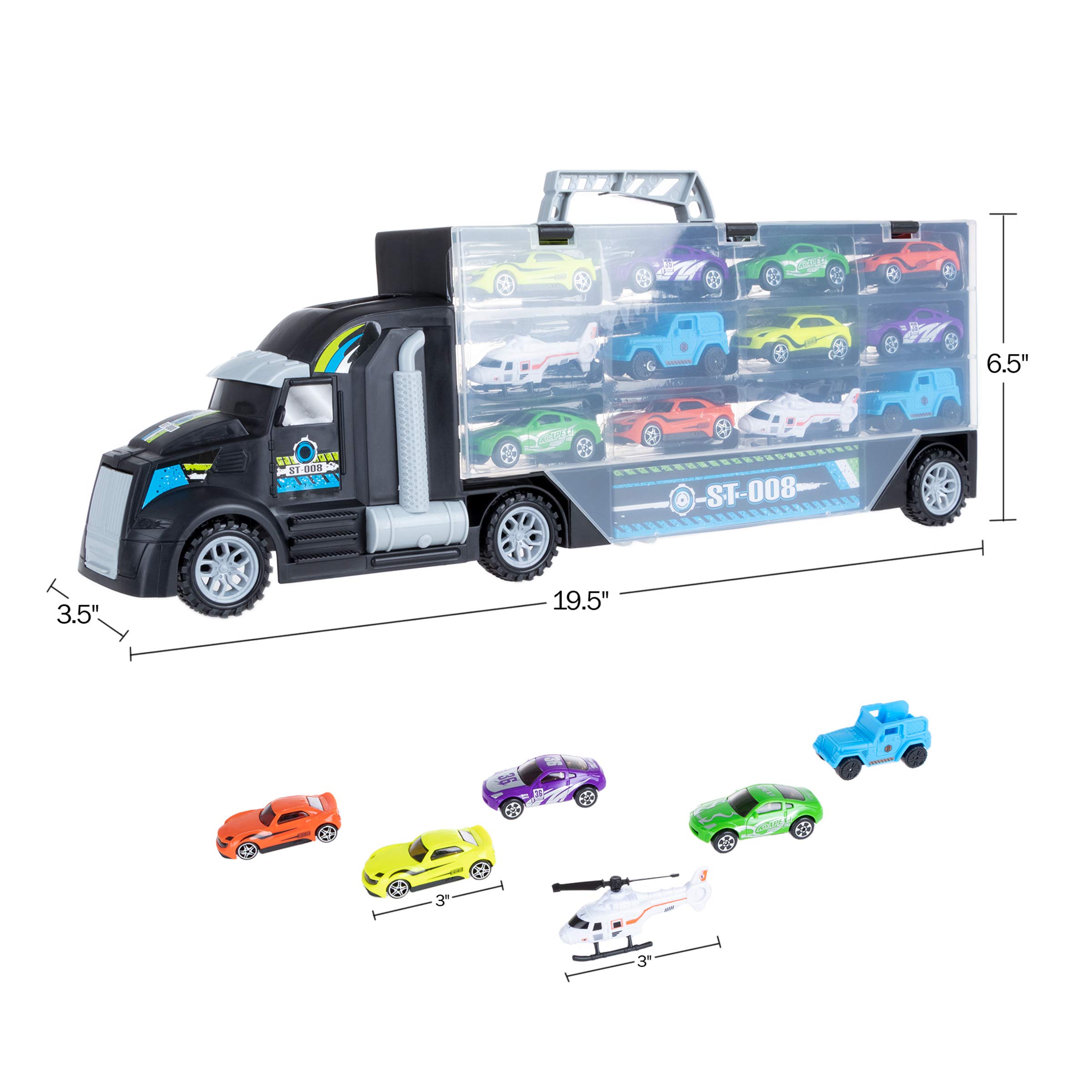 Hey! Play! Car Carrier Semi Truck Toy - 2-Sided Cargo Trailer Holds 24 Vehicles- Includes 10 Cars and 2 Helicopters –Storage Case with Carry Handle