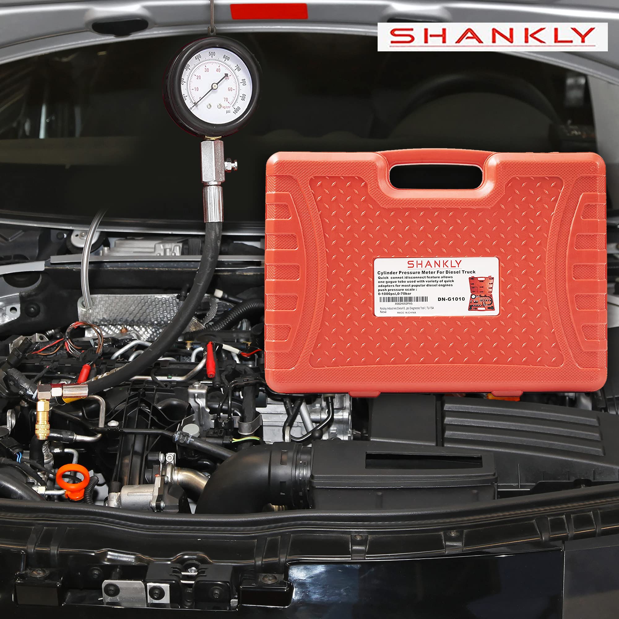 Shankly Diesel Engine Compression Tester Automotive Fuel Pressure Tester Kit, Engine Compression Gauges Tool 1000 PSI with Cylinder Compression Tester Hose - Comes with Carrying Case