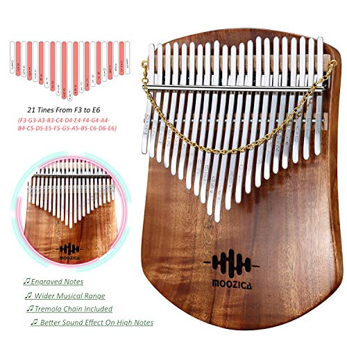 MOOZICA 21 Keys Solid Koa Kalimba Thumb Piano, Single Solid Wood Flat-board Professional Kalimba Marimba with Learning Instruction and High Performance Carrying Case (Acacia Koa, 21-Key)