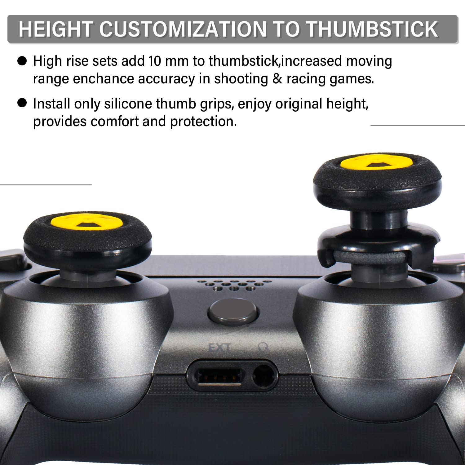 Playrealm FPS Thumbstick Extender & 3D Texture Rubber Silicone Grip Cover 2 Sets for PS5 Dualsenese & PS4 Controller (Radiation Black)