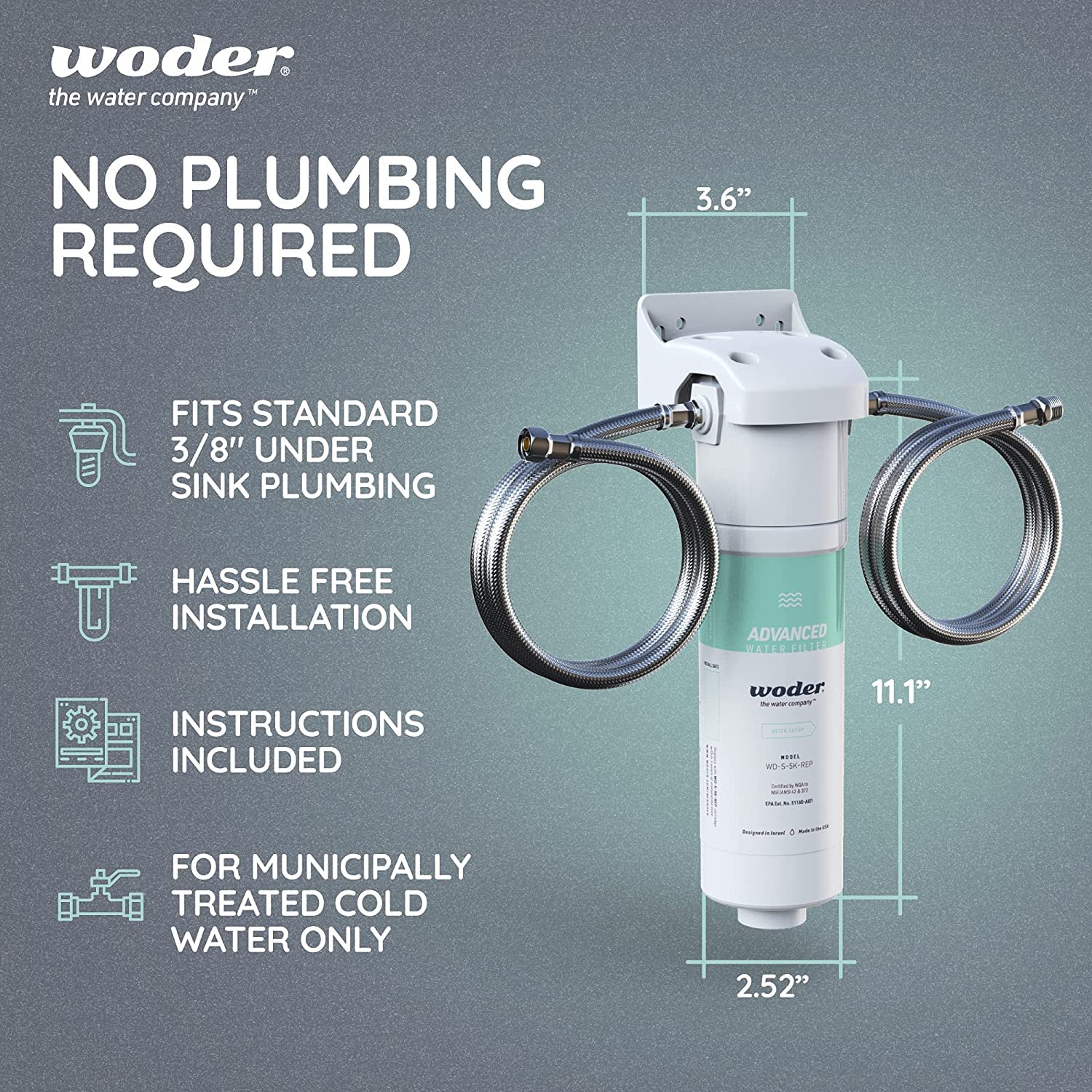 Woder WD-S-5K-ADV-DC Water Filter w. Under-Sink Connection to Main Faucet - WQA Certified High Capacity 5,000gal - Removes Chlorine, Lead, Chromium 6, Heavy Metals, Contaminants and Odors - USA Made