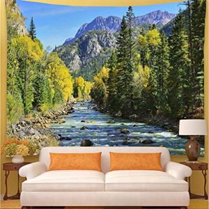 YISURE Nature Mountain Forest Tapestry, Scenic Green Pine Tree Waterfall Landscape Wall Hanging Tapestries for Home Office Dorm Indoor and Outdoor Decoration, 80(W) x60(L) Inch