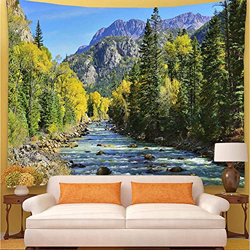 YISURE Nature Mountain Forest Tapestry, Scenic Green Pine Tree Waterfall Landscape Wall Hanging Tapestries for Home Office Dorm Indoor and Outdoor Decoration, 80(W) x60(L) Inch