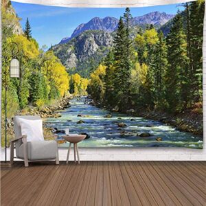 yisure nature mountain forest tapestry, scenic green pine tree waterfall landscape wall hanging tapestries for home office dorm indoor and outdoor decoration, 80(w) x60(l) inch