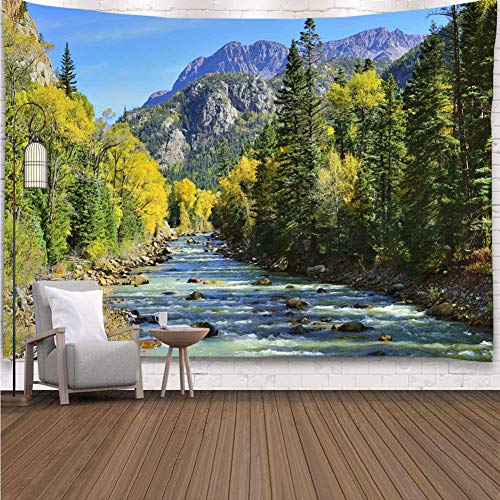 YISURE Nature Mountain Forest Tapestry, Scenic Green Pine Tree Waterfall Landscape Wall Hanging Tapestries for Home Office Dorm Indoor and Outdoor Decoration, 80(W) x60(L) Inch