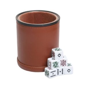 leatherette dice cup with poker dice, felt lining quiet shaker for playing yahtzee/farkle/liars dice,