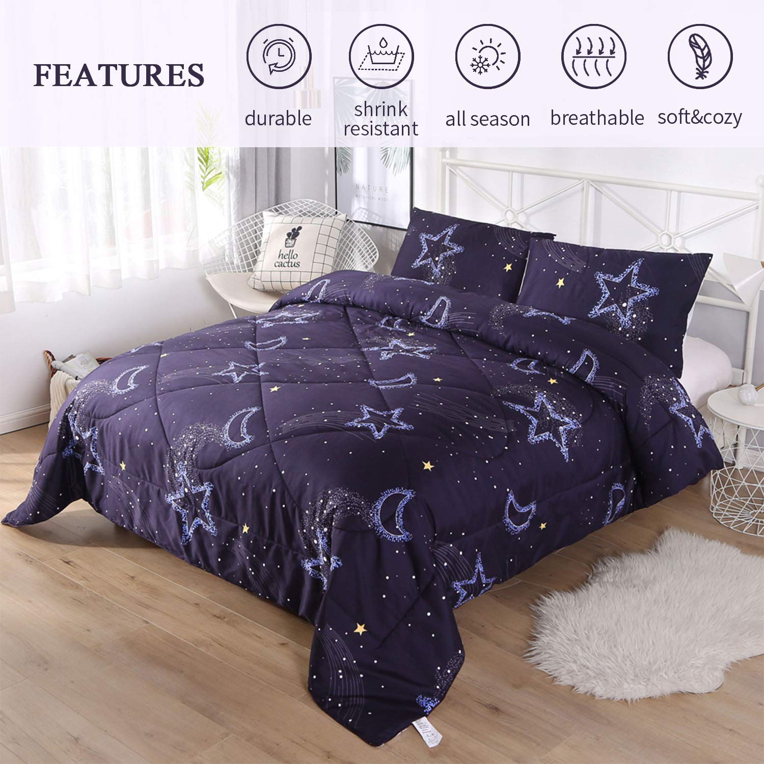 DECMAY 3PCS 3D Starry Sky Bedding Comforter Set Kids' Lightweight Comforter Alternative Duvet Insert Deep Blue Moon Star Night Twin Size Bedding for Girls and Boys Modern Design for Children Bedroom