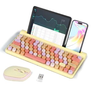 apuode wireless keyboard and mouse combo, bluetooth 5.0/3.0/2.4ghz, with tablet holder, quiet mute button, cute retro round keycaps, replaceable battery, for pc, mac, laptop, tablet