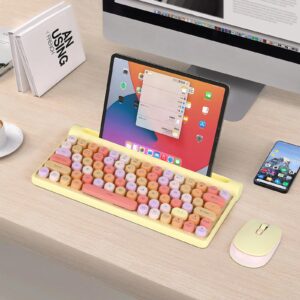 Apuode Wireless Keyboard and Mouse Combo, Bluetooth 5.0/3.0/2.4GHz, with Tablet Holder, Quiet Mute Button, Cute Retro Round Keycaps, Replaceable Battery, for PC, Mac, Laptop, Tablet