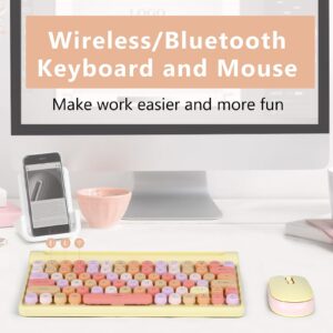 Apuode Wireless Keyboard and Mouse Combo, Bluetooth 5.0/3.0/2.4GHz, with Tablet Holder, Quiet Mute Button, Cute Retro Round Keycaps, Replaceable Battery, for PC, Mac, Laptop, Tablet