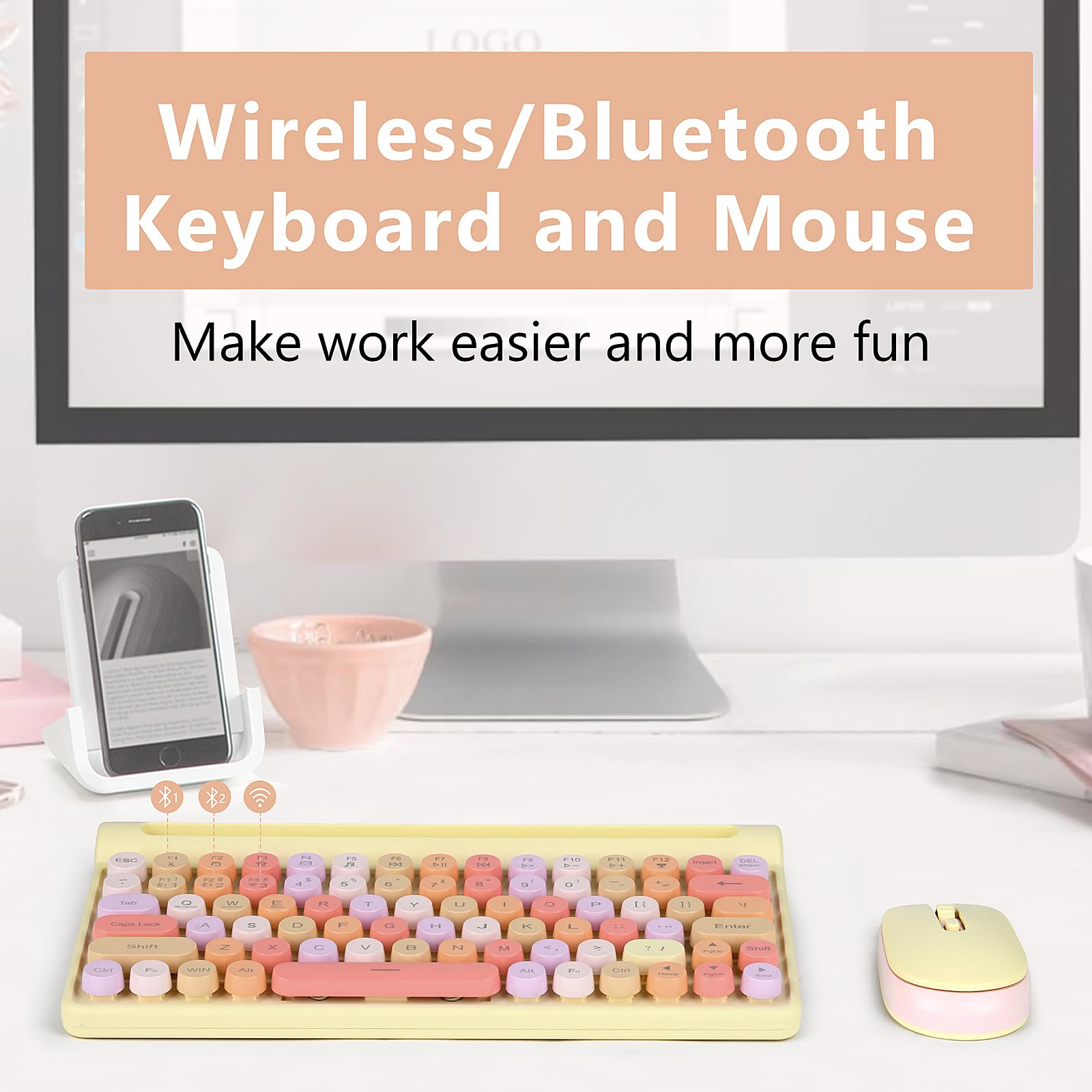 Apuode Wireless Keyboard and Mouse Combo, Bluetooth 5.0/3.0/2.4GHz, with Tablet Holder, Quiet Mute Button, Cute Retro Round Keycaps, Replaceable Battery, for PC, Mac, Laptop, Tablet