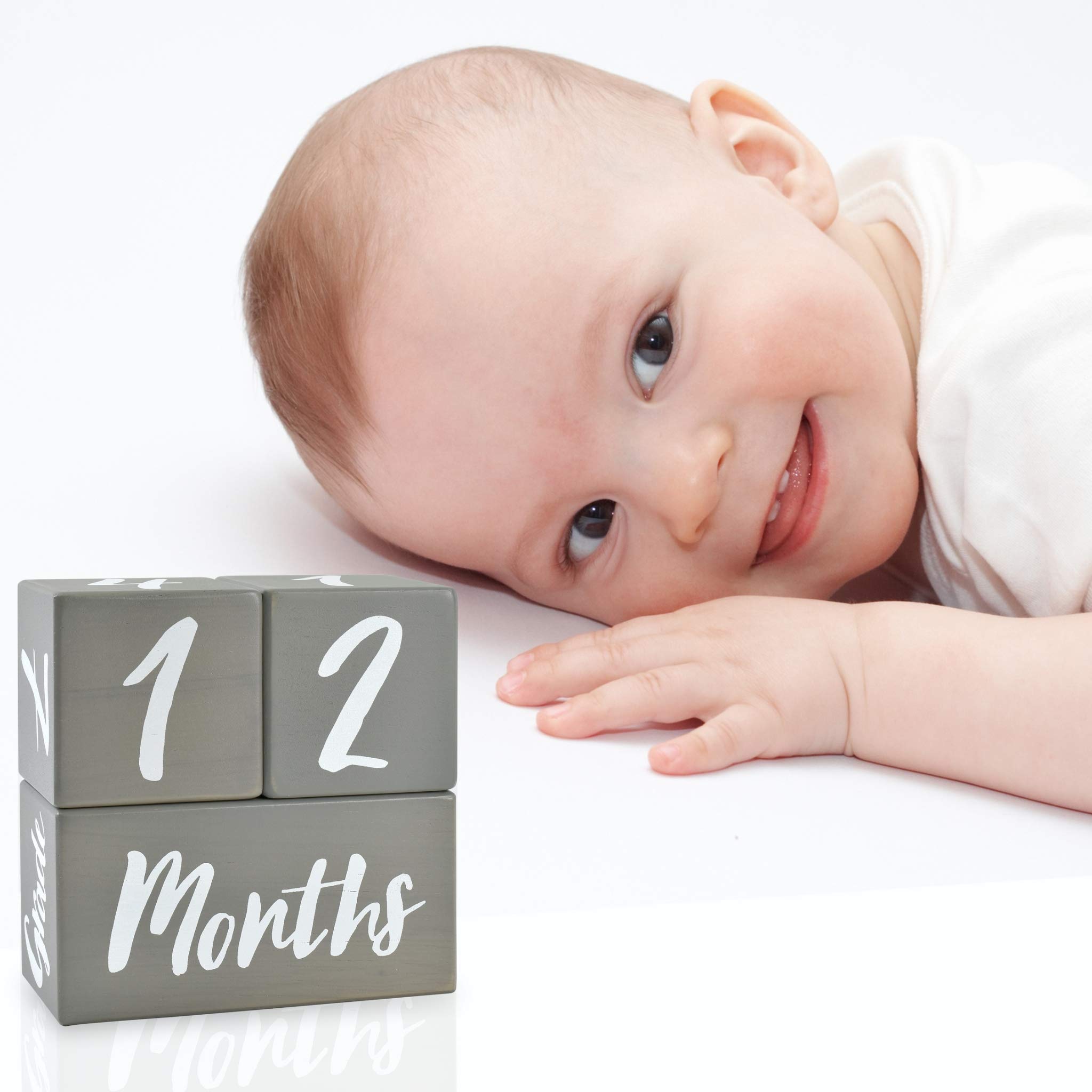 I'm Solid Wood Weekly Monthly Yearly Baby Milestone Age Blocks, Gender Neutral, Newborn Gifts & Keepsakes for Picture Props (3 Pcs/Grey)