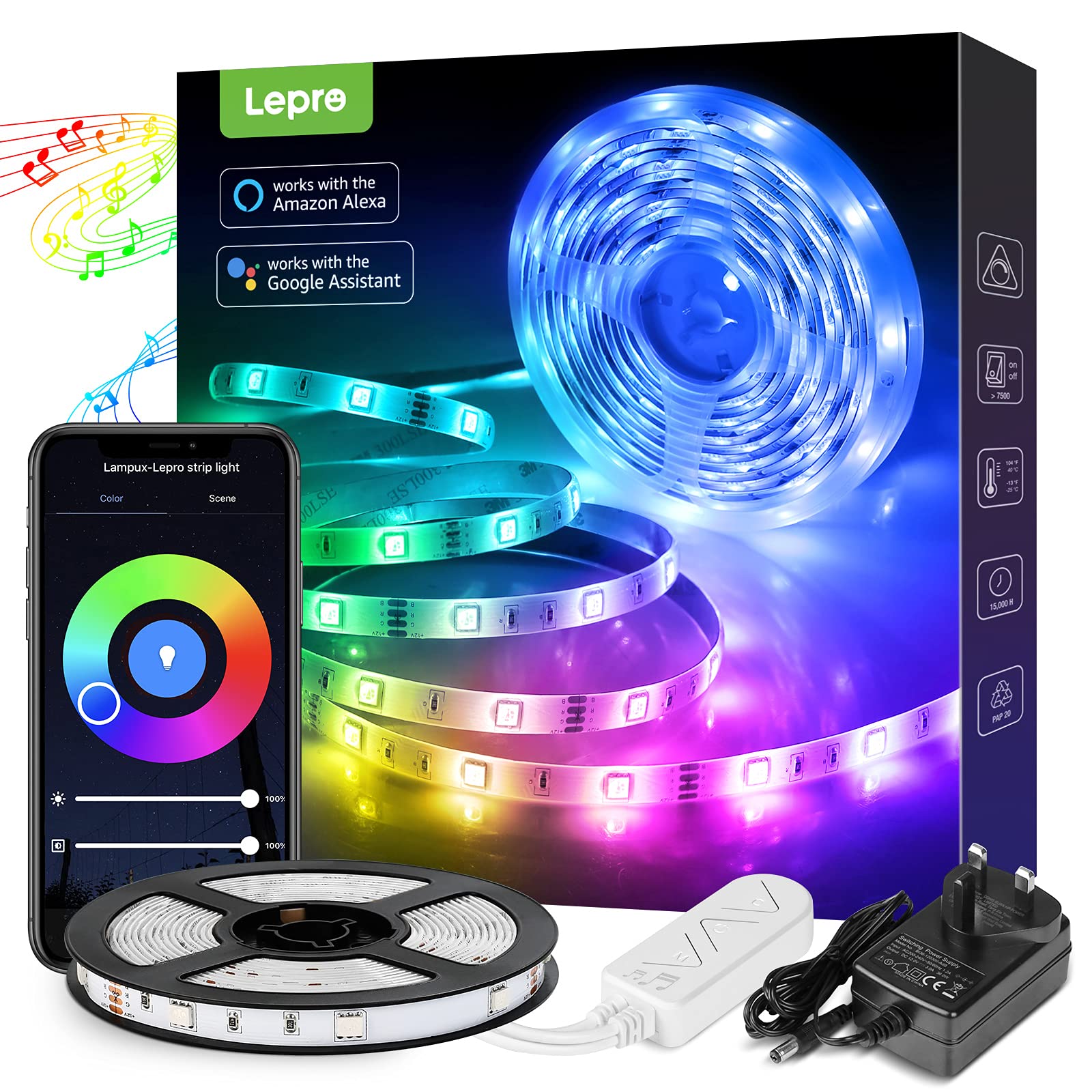 Lepro Led Strip Lights 16.4ft Smart Light Strips with App Control Remote, 5050 RGB Led Lights for Bedroom, Music Sync Color Changing Lights for Room Party